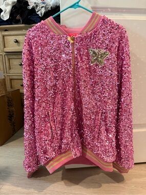Lola + The Boys Pink Sequin Jacket with Gold Trim